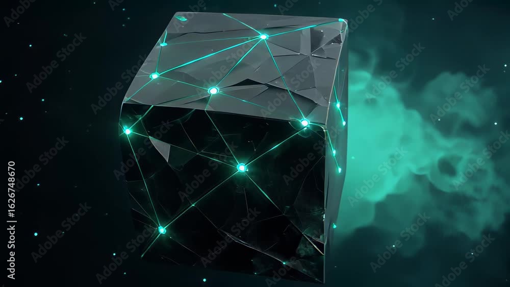 Poster dynamic orbiting shot of a glowing geometric cube showcasing advanced technology and striking visual