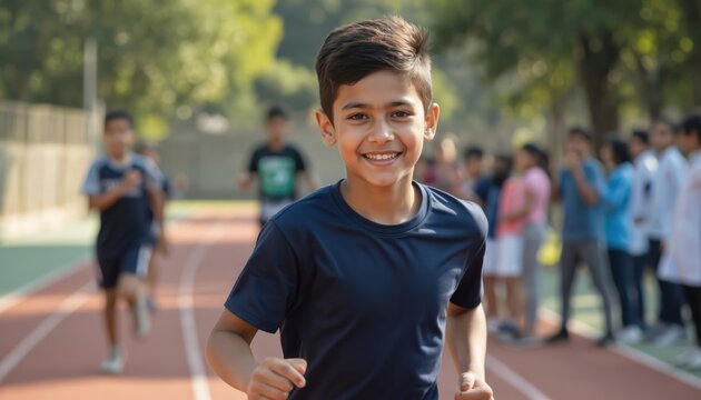 Young Indian boy in sportswear runs on a track at school. His classmates cheer him on from the sidelines. The scene captures the energy and joy of youth sports and healthy active lifestyles.