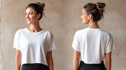 Woman in white crop top, front and back view, smiling and looking to the side, with hair in a bun against a neutral background.