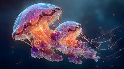 Pink and blue glowing jellyfish in a dark background, ethereal effect, HD realistic