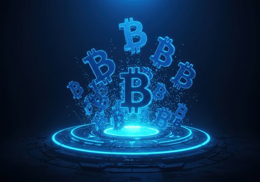 A glowing bitcoin concept with a futuristic technology platform in a dark setting. - Powered by Adobe