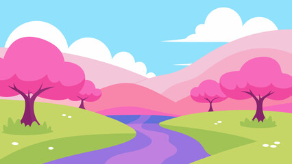 Dreamy Pink Landscape by a Serene Stream
