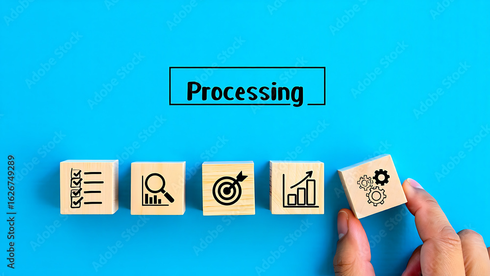 Poster wooden cubes with business icons and processing text image