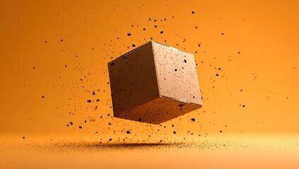 A tan cardboard box floats amidst a burst of dark particles against an orange backdrop