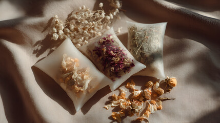 Floral Scented Sachets: Herbal and dried flower-filled sachets on neutral linen cloth, bathed in soft light.
