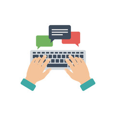 Hands typing on a keyboard with speech bubbles above on a light background.
