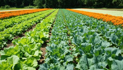 Vibrant rows of diverse crops stretch across sunlit field. Lettuce, cabbage grow in orderly sections, with bright orange flowers in background under clear blue sky. Scene sustainable agriculture,