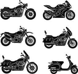 Collection of six black silhouette motorcycle and scooter styles motorbike vehicle