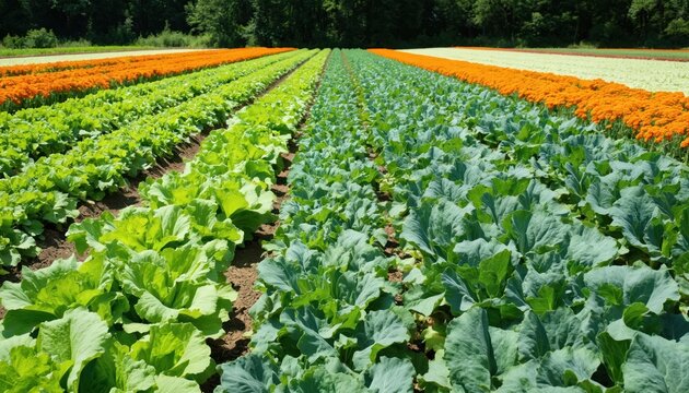 Vibrant rows of diverse crops stretch across sunlit field. Lettuce, cabbage grow in orderly sections, with bright orange flowers in background under clear blue sky. Scene sustainable agriculture,