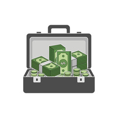 Open briefcase filled with stacks of green paper currency on a white background.