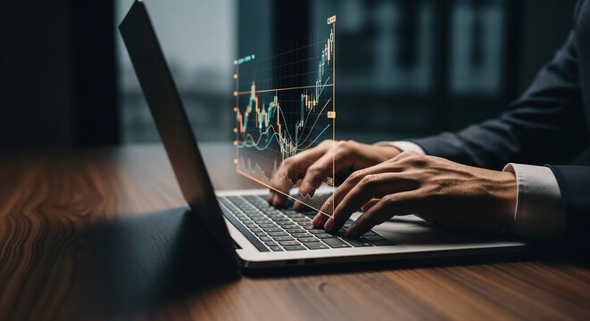 "A trader or financial analyst in a modern office, working on a laptop. A detailed, glowing holographic graph of stock market fluctuations floats above the laptop as his hands work on the keyboard. Th