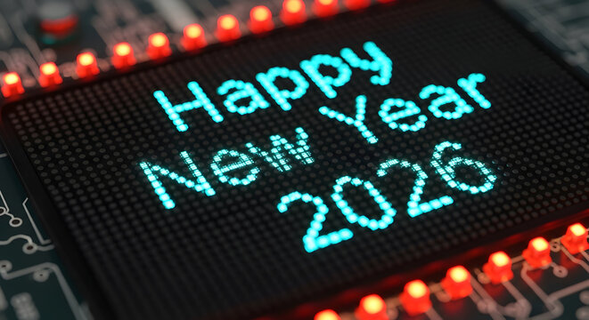 Happy New Year 2026 LED Display, Futuristic Tech Greeting Card Design