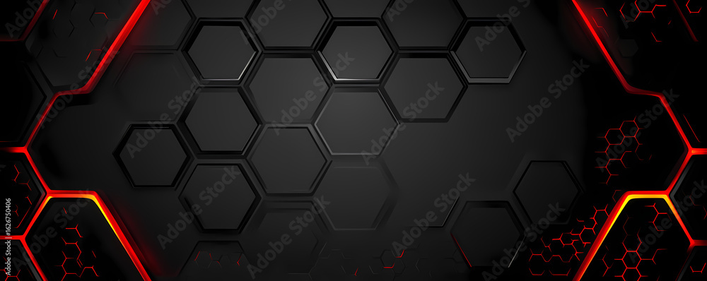 Poster futuristic dark hexagon pattern with red glowing edges