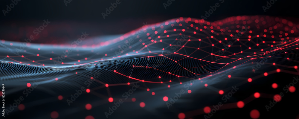 Poster abstract red and blue network grid with glowing particles on a dark background, representing data fl