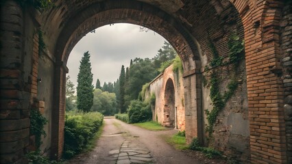 Fototapeta premium Weathered Brick Archway Entrance to a Hidden Courtyard Oasis