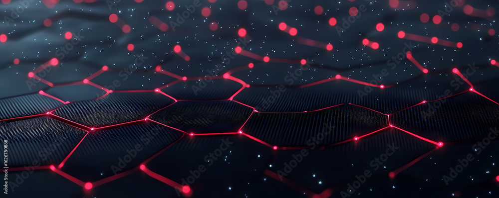 Poster captivating digital landscape with glowing red interconnected hexagonal grid, representing advanced 