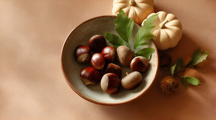Autumn Bounty: Chestnuts and Pumpkins Displayed on Rustic Table, Fresh from the Harvest, Celebrating the Season
