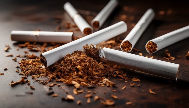 multiple broken cigarettes with loose tobacco scattered representing the harmful effects of smoking and the journey to quit addiction