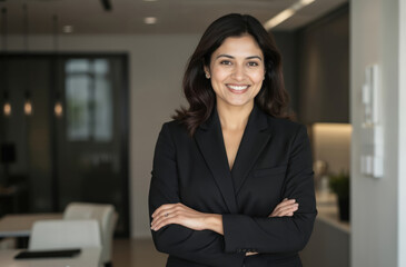 Successful Indian businesswoman, CEO manager in stylish suit smiles confidently at camera, arms crossed. Modern office setting, pro career woman, positive lifestyle, friendly startup entrepreneur.
