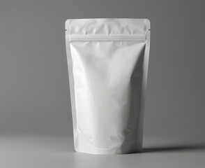 Glossy white quad-seal pouch stands upright on neutral background. Blank packaging template suitable for food, snack, hot drink, pet food branding. Realistic mock-up with resealable closure for