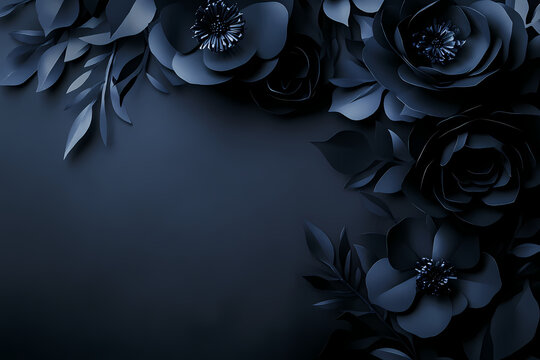 Elegant floral background with dark navy blue 3D paper art flowers and leaves creating a sophisticated corner border - Powered by Adobe