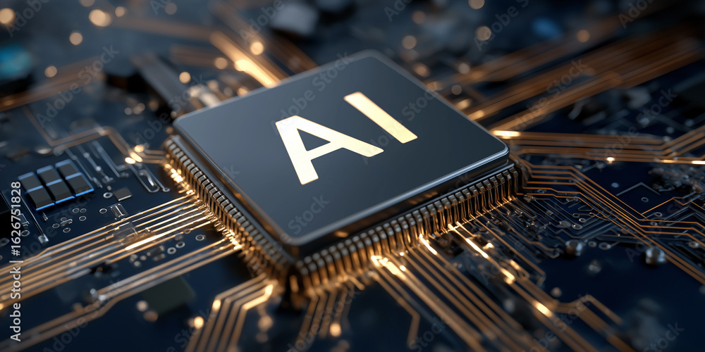 Aufkleber close-up of ai processor chip on motherboard with golden circuits, artificial intelligence concept