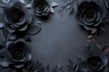 Elegant monochrome floral frame made of three-dimensional black paper roses and leaves on a dark background, providing copy space for text or design