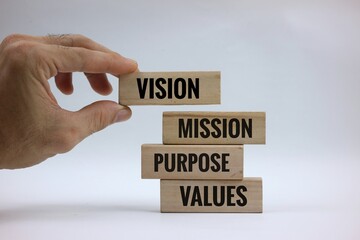 Stacked Wooden Blocks Representing Vision, Mission, Purpose, and Core Values. isolated on a white background