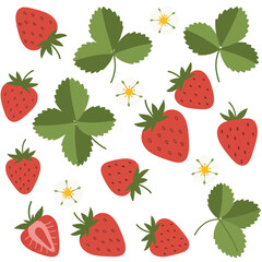 Cute cartoon strawberries with leaves and flowers isolated on white background, perfect for childrens illustrations and vibrant designs with a playful touch