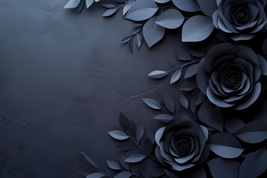 Elegant dark paper roses and leaves crafting a sophisticated background design, perfect for somber or mysteriously themed decorative concepts - Powered by Adobe