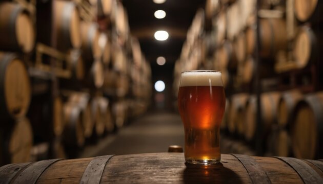 Amber beer glass rests on wooden barrel in dimly lit brewery cellar. Rows of aged oak barrels store craft beverage, reflecting brewing tradition, rich aroma. Perfect for tasting, refreshment, - Powered by Adobe