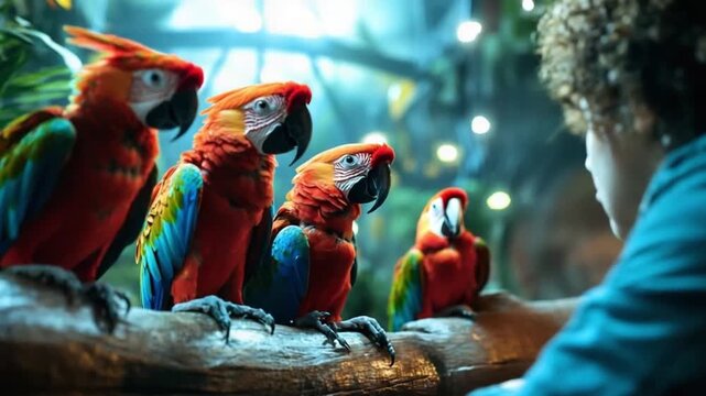 A young child observes and interacts with colorful macaw parrots perched on a wooden branch. The atmosphere is lively and enchanting, enhancing the experience for the eager child