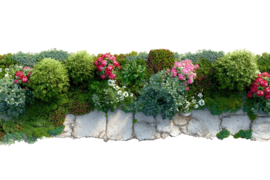 High-angle view of a meticulously landscaped garden border.  Variety of flowering plants and shrubs,  with a stone path