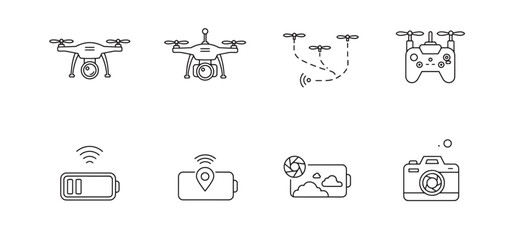 Set of modern line art drones and drone related icons in minimalist outlines