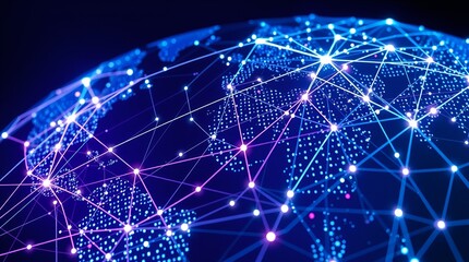 A digital representation of a globe covered in a network of glowing blue and purple lines and dots.