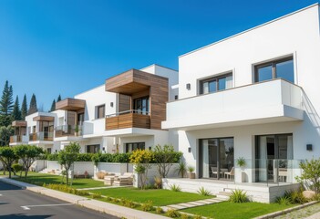 Fototapeta premium Close up Houses with Wooden Accents and Balconies on a Sunny Day