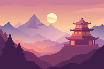 A serene Buddhist monastery at sunrise surrounded by foggy mountains vector illustration