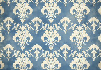 Obraz premium Elegant vintage blue damask wallpaper featuring a distressed grunge texture and a classic repeating fleur-de-lis pattern