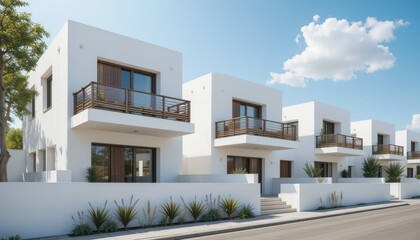Fototapeta premium Close up Houses with Wooden Accents and Balconies on a Sunny Day