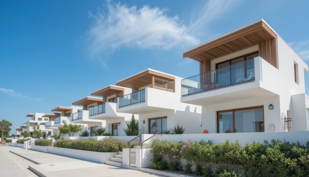 Close up Houses with Wooden Accents and Balconies on a Sunny Day