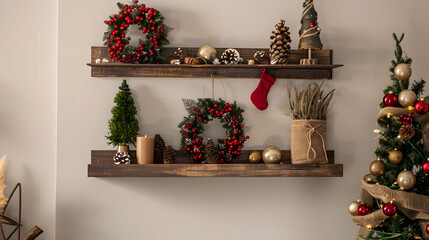 Christmas-themed wall shelves and small tree