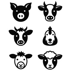 Obraz premium Farm animal head silhouette icons set with front-facing view in black and white vector illustration