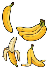 Collection of whole and peeled bananas in various stages of ripeness.