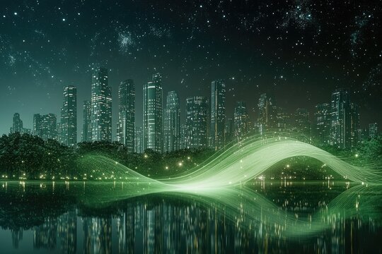 Night cityscape reflected in a placid lake, glowing with ethereal green light trails - Powered by Adobe