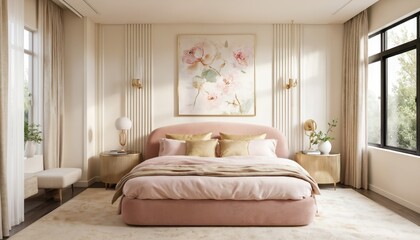 Elegant Scandinavian 50s Hollywood bedroom retreat features plush rounded velvet bed with silky pink bedding, gold pillows. Soft beige walls complement floral abstract artwork, textured wool rug,