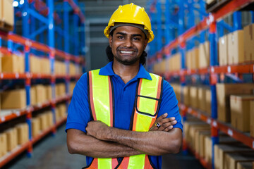 Smiling Indian warehouse worker with arms crossed in safety gear. Represents dedicated logistics professional and efficient industrial operations