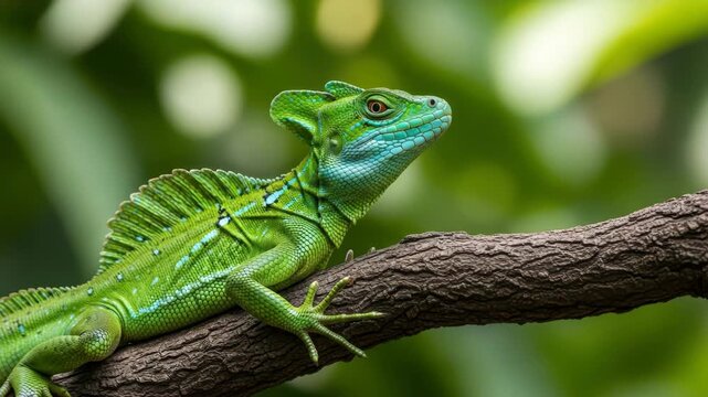 A vibrant green basilisk lizard with a distinctive crest is perched on a textured tree branch, surrounded by lush green foliage in its natural jungle habitat