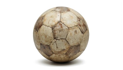 Classic old soccer ball with weathered hexagonal panels on white background. Vintage football shows texture of use, play. Ideal for sports history, retro game themes, as symbol of athletic heritage.