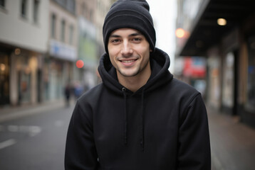 Smiling young man, 20s, wears black hoodie, beanie, standing on city street. Photogenic face, wears casual attire. Background shows urban buildings, blurred people, suggesting lifestyle shot for