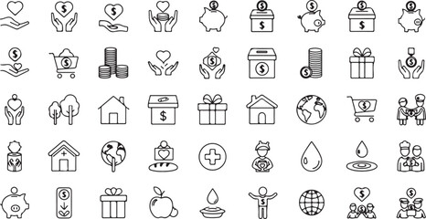 Charitable giving and community support icons silhouette isolated on white background